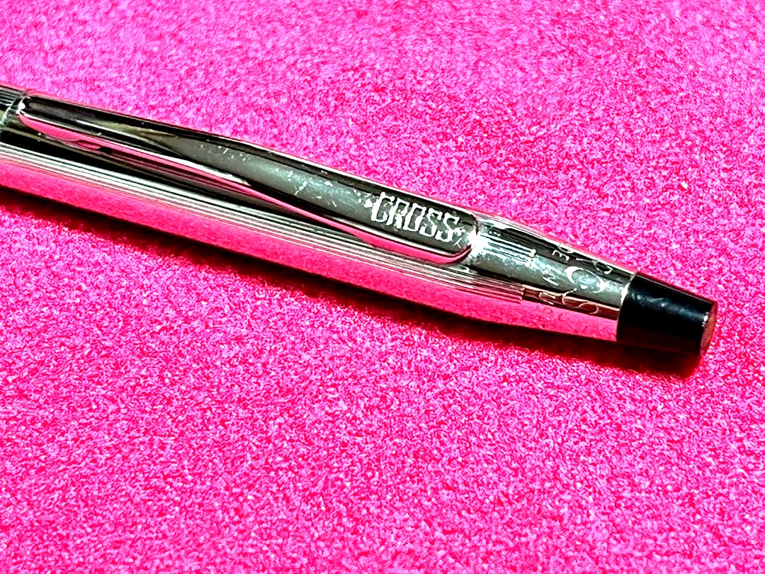 Cross Chrome Century ballpoint pen with old logo, metal body, showing used condition and minor scratches
