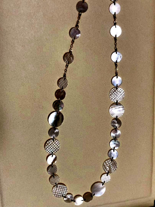 Agete white shell long necklace with silver and gold plated chain shown at 90cm length