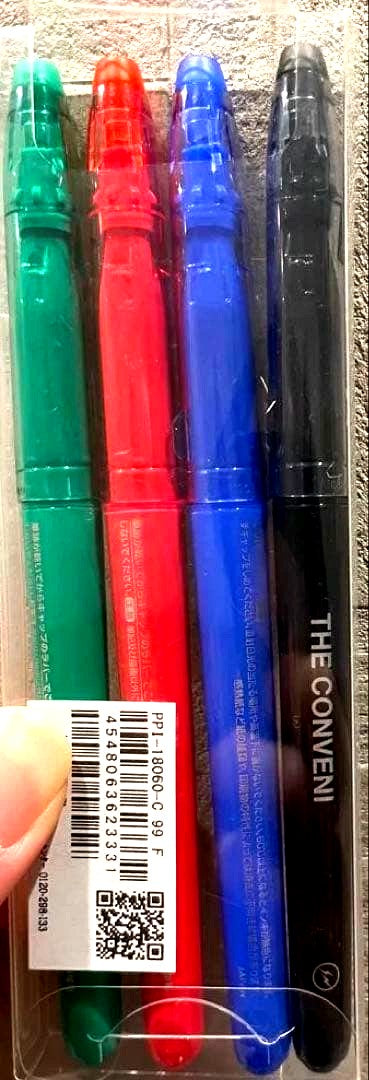 Pilot Frixion 4-color ballpoint pen set with green red blue and black erasable ink pens featuring fragment lightning bolt and convenience store logos