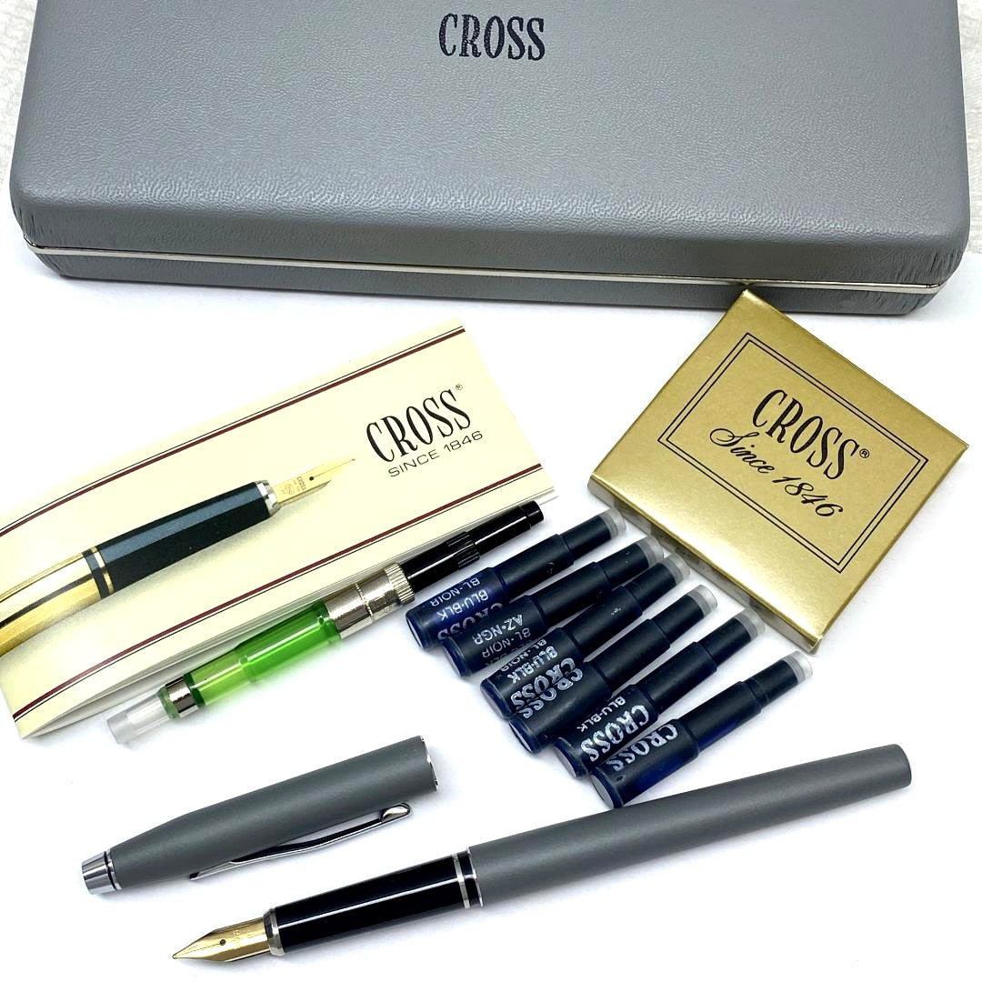 Cross Penmanship Set in matte gray finish with medium nib, cartridge ink, converter, instructions, and protective case