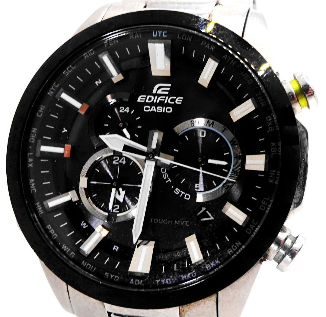 Casio Edifice EQW-T640 men's radio solar watch with black dial and silver stainless steel band