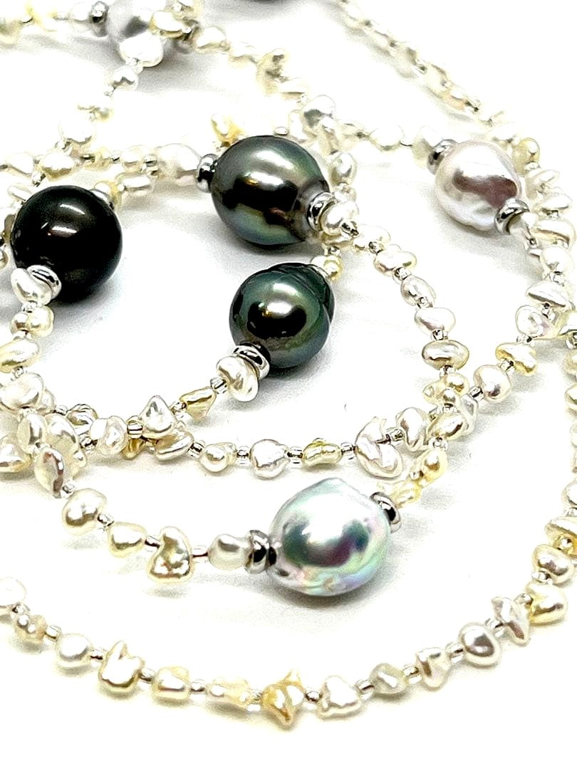 68cm Teri Strong necklace with Akoya Keshi, natural blue, and black cultured pearls