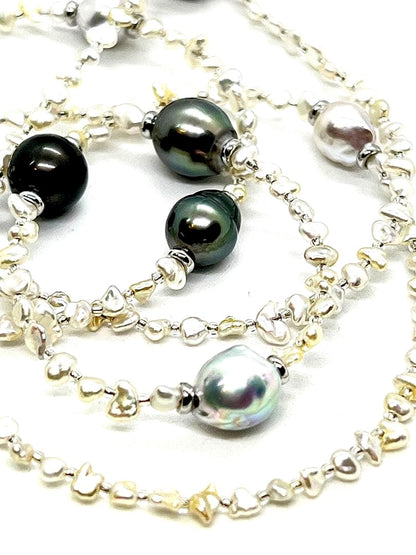 68cm Teri Strong necklace with Akoya Keshi, natural blue, and black cultured pearls