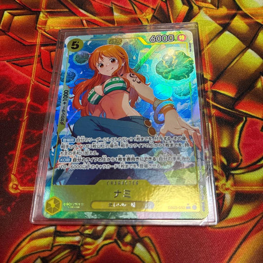 One Piece Nami EB03-053 parallel SR yellow trading card from Japanese anime series