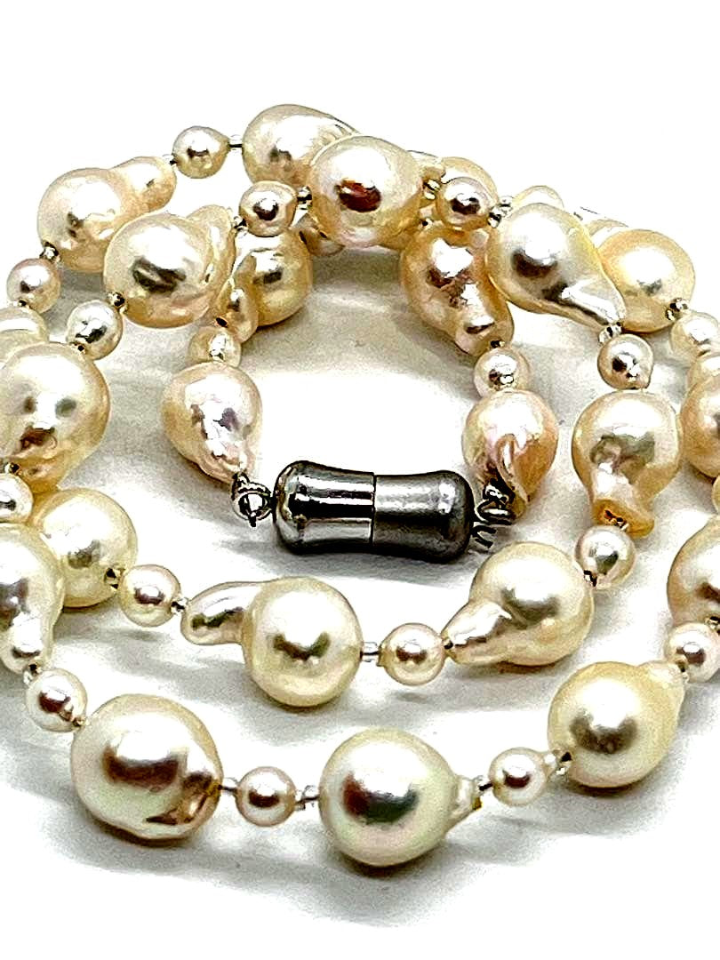 Akoya pearl necklace with extra baroque and baby pearls, Italian Venetian glass parts, and alloy magnet fastener