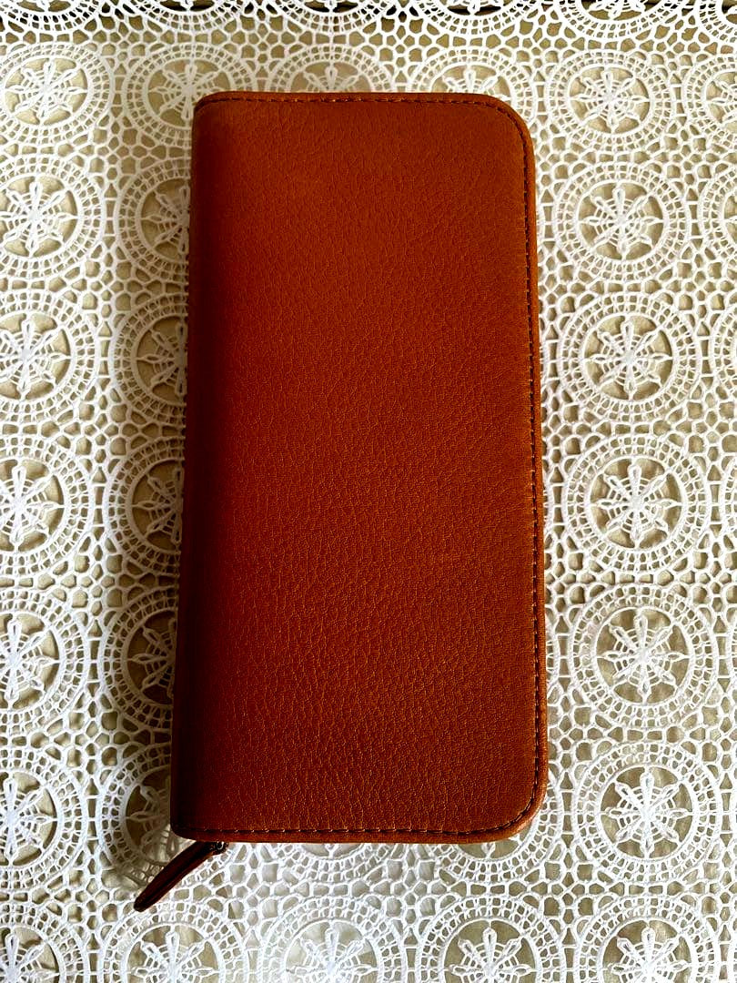 PILOT Pen Specialized Round Zipper Pen Case in brown with two pockets and pig suede interior