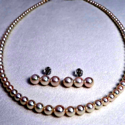 Akoya pearl necklace and earring set with pink round pearls on titanium, necklace 42 cm long