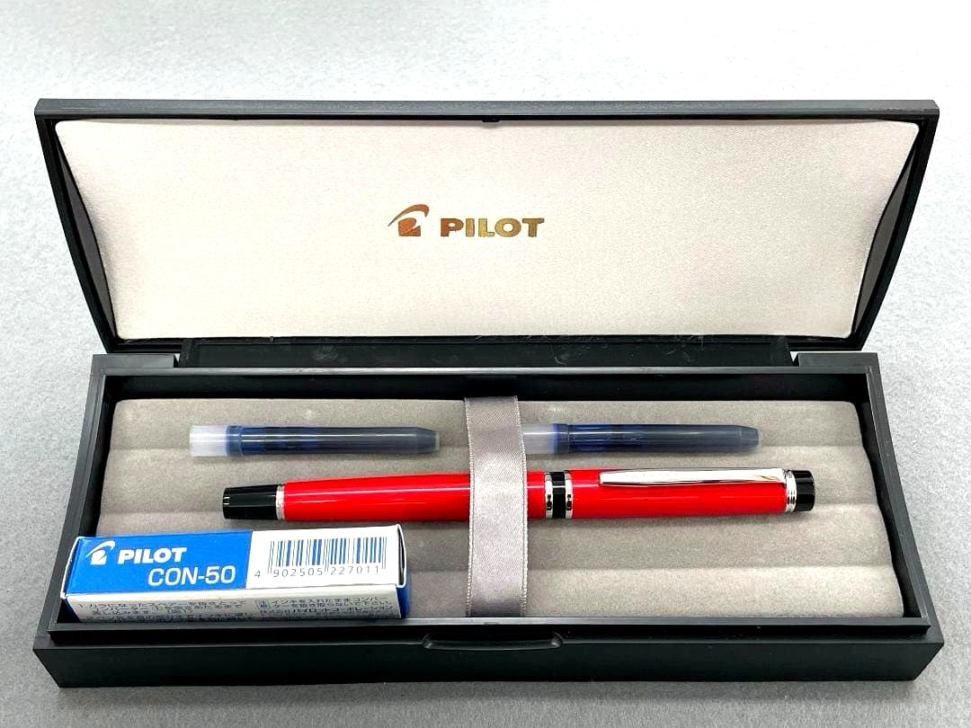 Red Pilot Gransee NC fountain pen with fine 14K gold nib, black accents, including converter and cartridges
