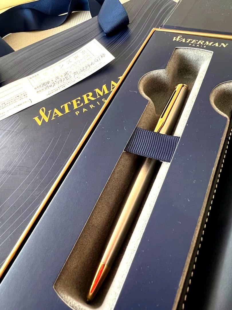 Waterman Metropolitan Essential Metal GT ballpoint pen with twist mechanism and metal finish shown with leather case and box