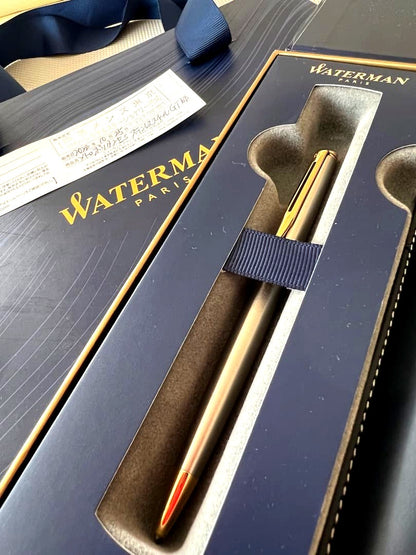 Waterman Metropolitan Essential Metal GT ballpoint pen with twist mechanism and metal finish shown with leather case and box