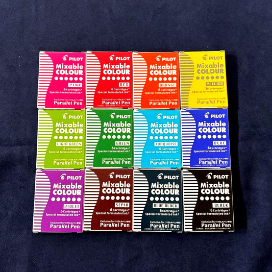Pilot Parallel Pen Mixable Colour 12-color set with 6 cartridges each showing all ink shades