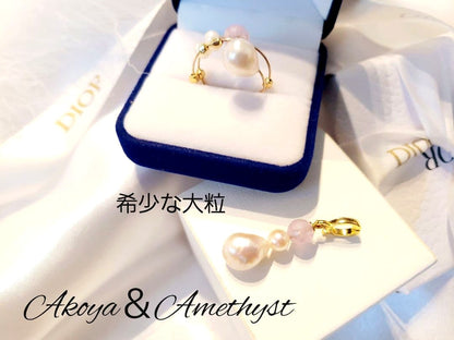 Akoya large 11.5mm pearl pendant with green, pink, blue iridescent colors and amethyst gemstone