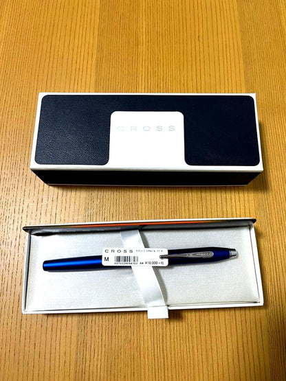 Unused CROSS blue fountain pen with fountain pen tip and slightly dirty box shown in third photo