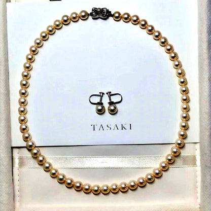 Tasaki Akoya pearl necklace and matching earrings set with 7.5mm pearls and silver double lock clasp