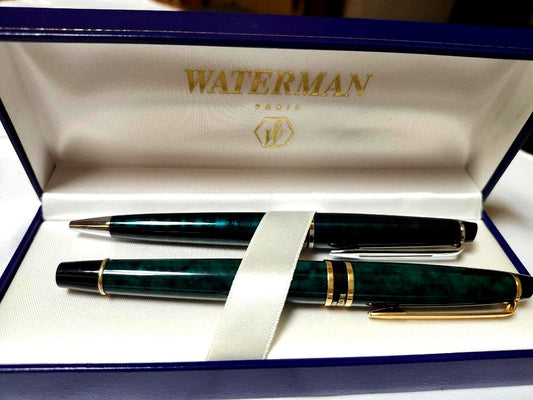 Waterman pen set with dark green and black marble fountain pen and black ballpoint pen from France Paris