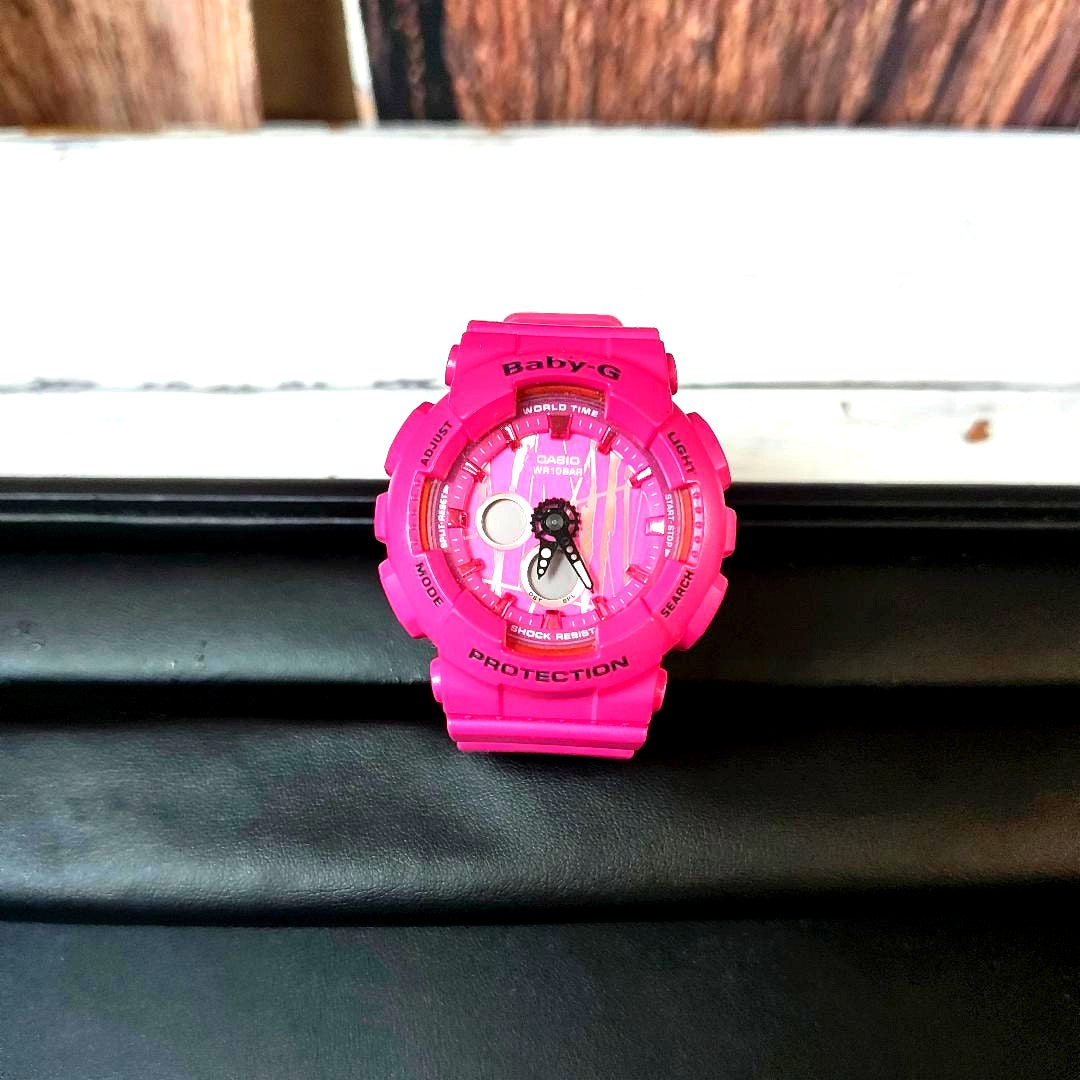 Casio Baby-G BA-120SP pink watch with resin band and round dial showing time