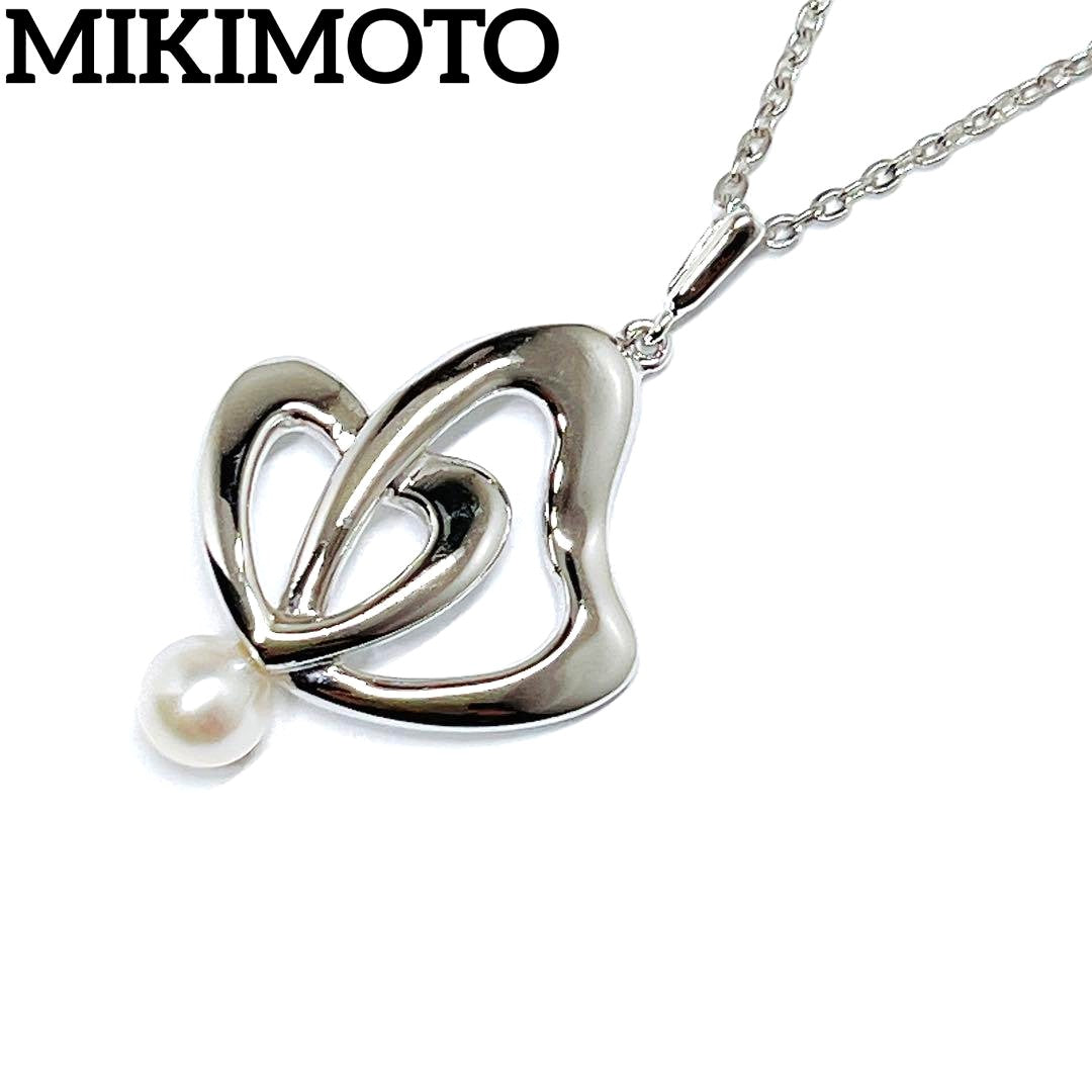 Mikimoto pearl double heart necklace with 4.9mm pearls on a 40cm silver chain