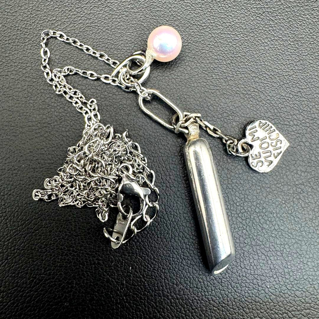 Vintage Italy silver whistle necklace with 6.6mm Akoya pearl and surgical stainless steel chain