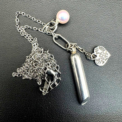 Vintage Italy silver whistle necklace with 6.6mm Akoya pearl and surgical stainless steel chain