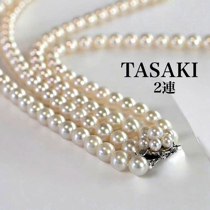 Double strand Tasaki Akoya pearl necklace with round 6.1-6.3 mm pearls and silver clasp