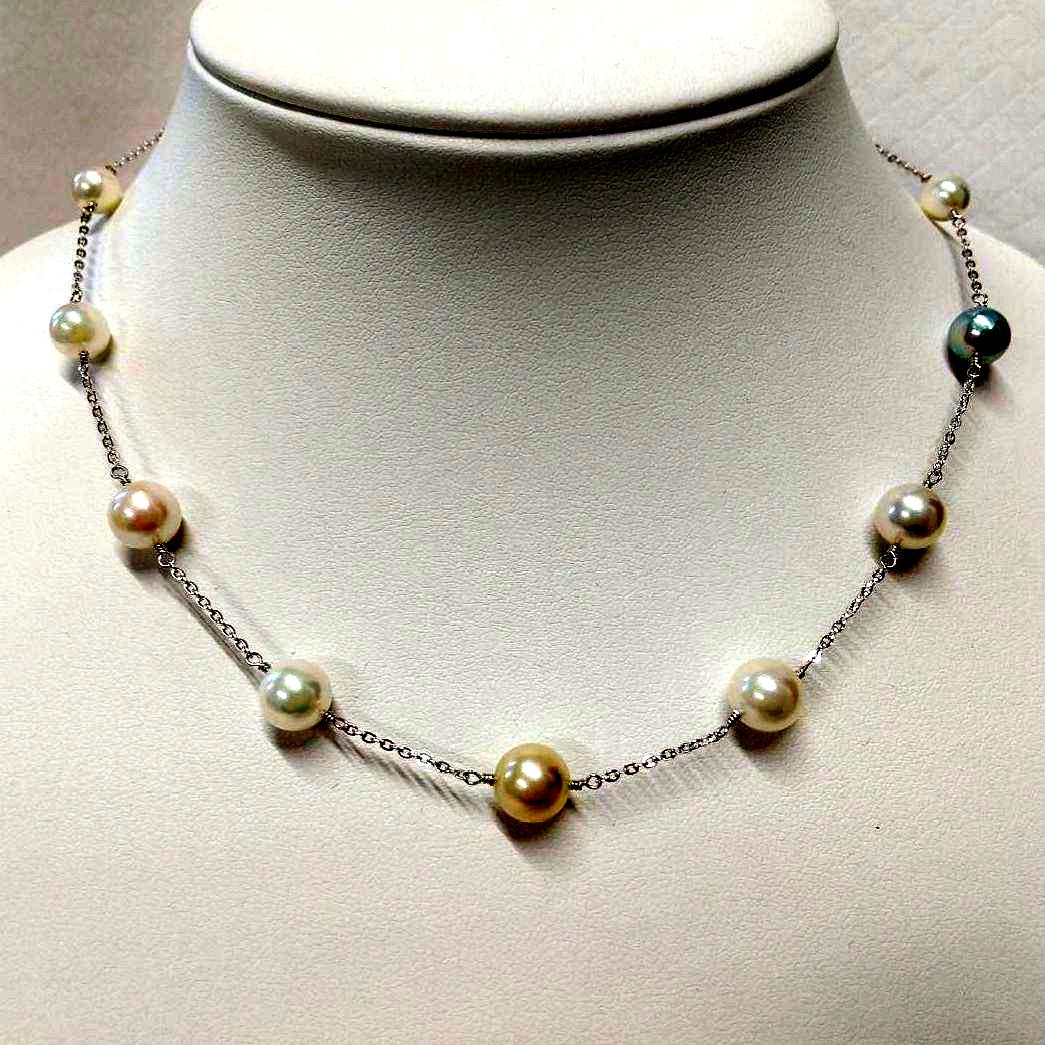 Aquoqa Honmai Pearl Station Necklace featuring 8.5-6.5mm round pearls on silver adjustable chain 40-45cm