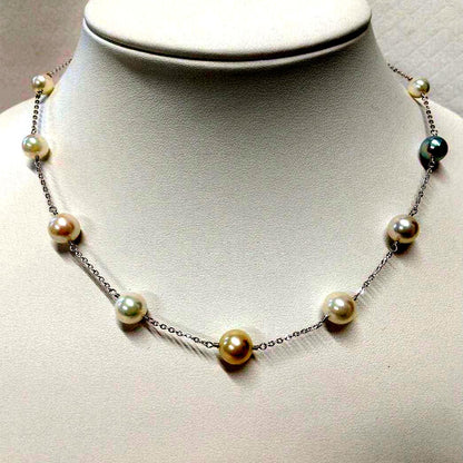 Aquoqa Honmai Pearl Station Necklace featuring 8.5-6.5mm round pearls on silver adjustable chain 40-45cm