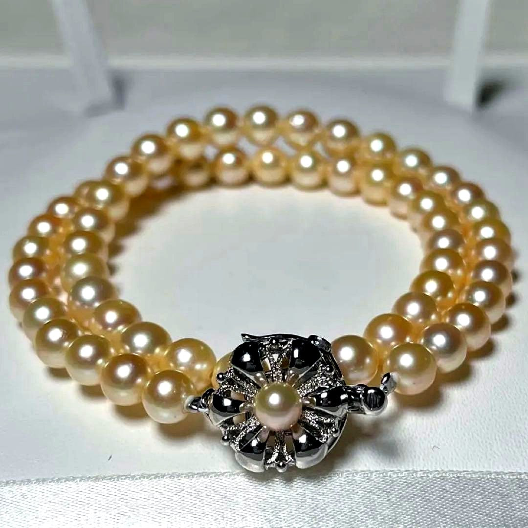 Golden Color Akoya Pearl Necklace with round 6.0-6.5mm white pearls on silver chain