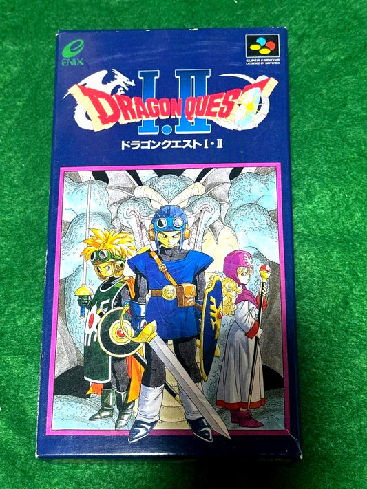 SNES cartridge of Dragon Quest I and II software with included accessories in good condition