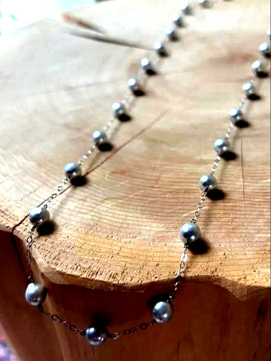 Akoya Pearl Station Long Necklace 70cm with round white pearls on delicate chain