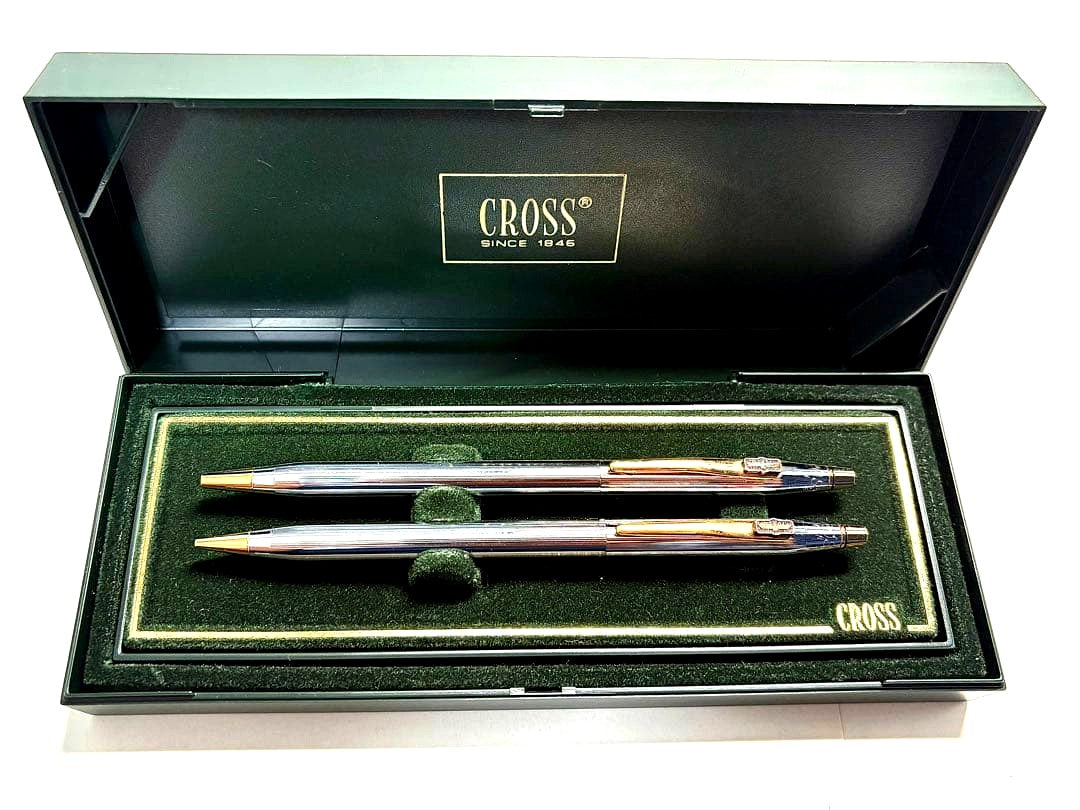 Cross silver ballpoint pen and mechanical pencil set made in USA with sleek metal finish
