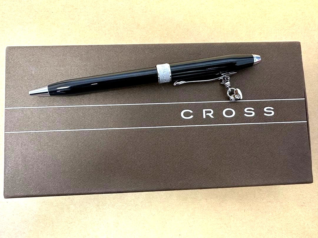 Cross keychain ballpoint pen with heart and key charms, black ink, twist mechanism, including case and pouch