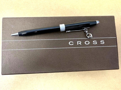 Cross keychain ballpoint pen with heart and key charms, black ink, twist mechanism, including case and pouch