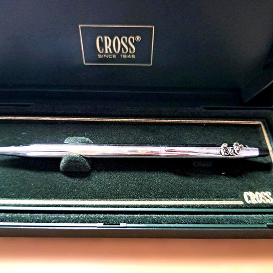 CROSS brand metallic ballpoint pen featuring Mickey Mouse design with metal body and included dedicated case