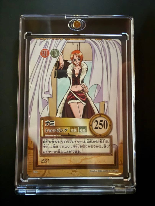 One Piece Hyper Battle Carddass Nami trading card in protective loader, Japanese language, used good condition
