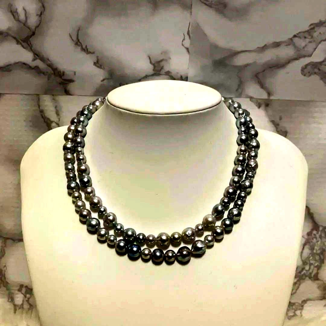 Akoya pearl long necklace with multi-color aurora beads, 84 cm length, from Ise-Shima Egu Bay