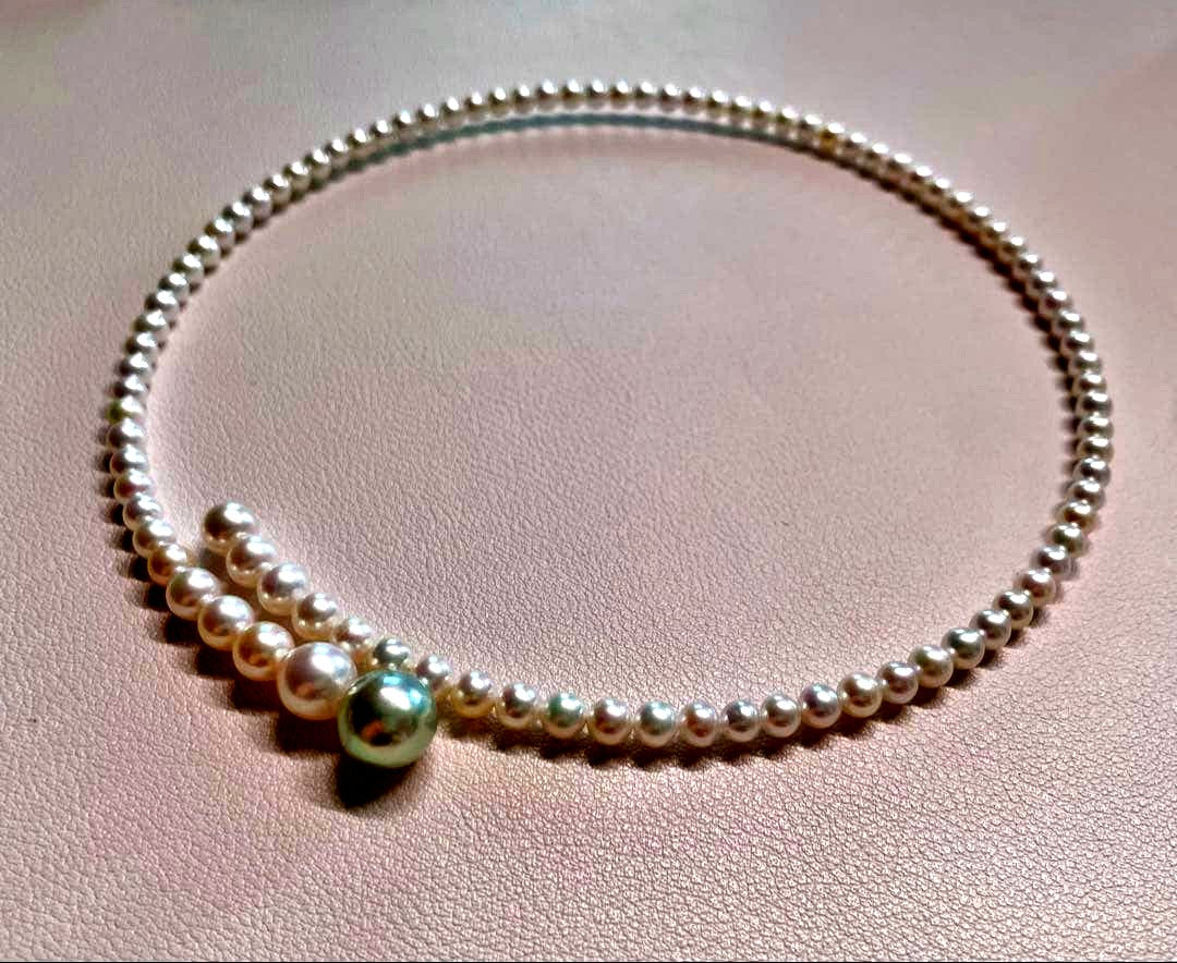 Multicolor Akoya pearl necklace with 4.0-9.3 mm pearls in omega style choker design