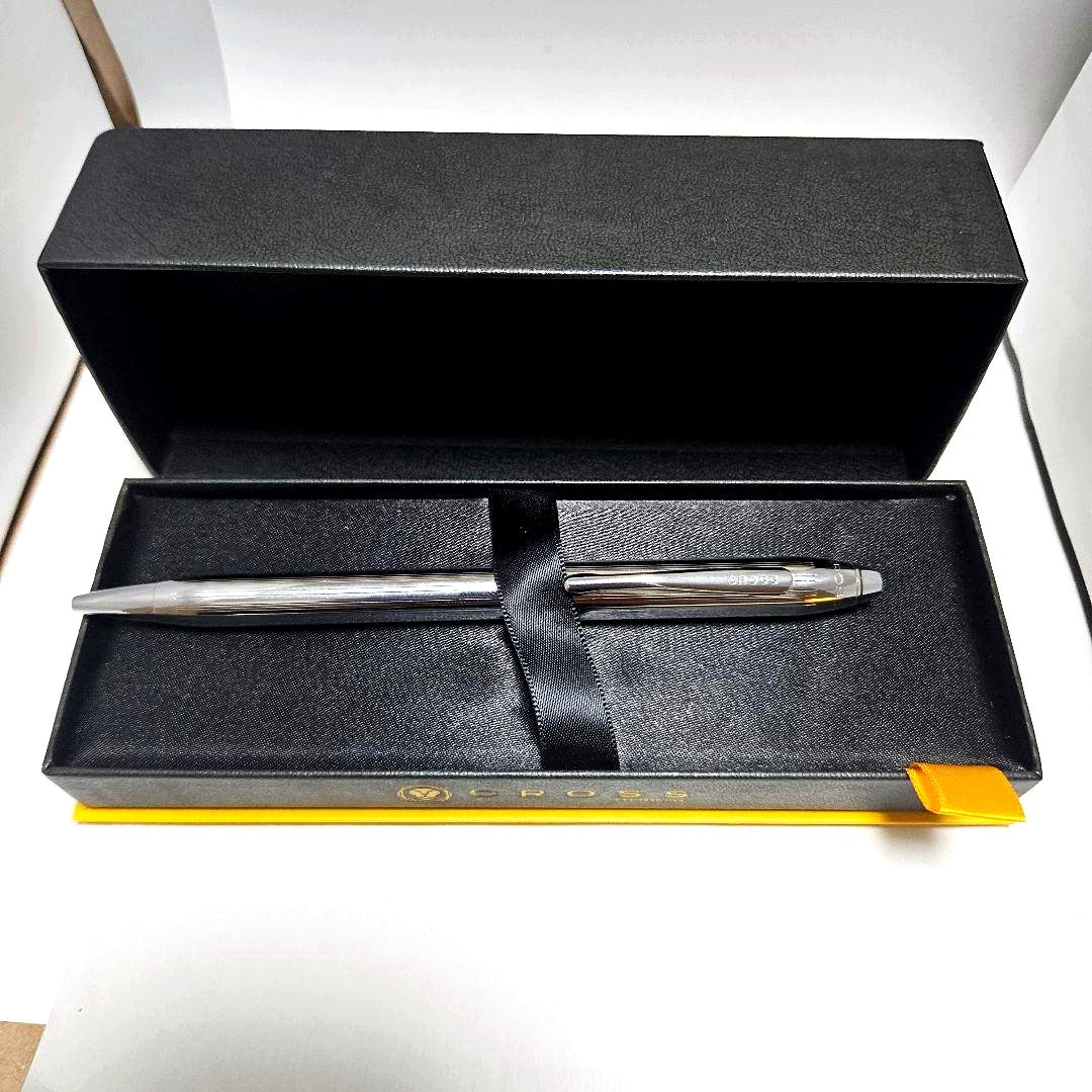 CROSS Townsend Chrome ballpoint pen blue ink with original hard case and box showing chrome finish and engraved logo