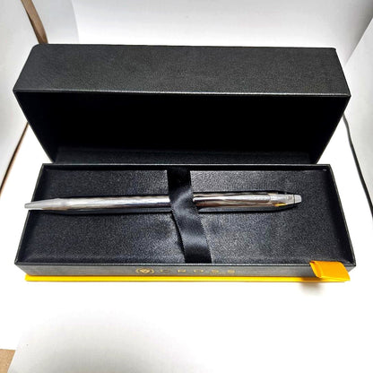 CROSS Townsend Chrome ballpoint pen blue ink with original hard case and box showing chrome finish and engraved logo
