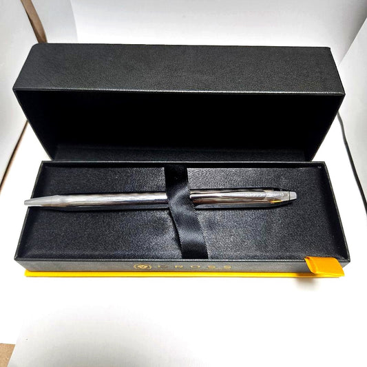 CROSS Townsend Chrome ballpoint pen blue ink with original hard case and box showing chrome finish and engraved logo