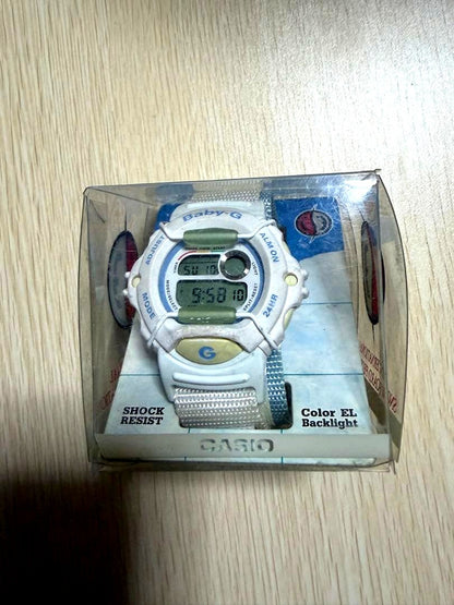 Casio Baby-G white watch featuring EL backlight and shock resistant design, imported from Japan