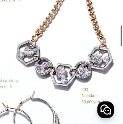 Silver plated Agat Coin Motif Necklace with a 49.5 cm length displayed on a white background