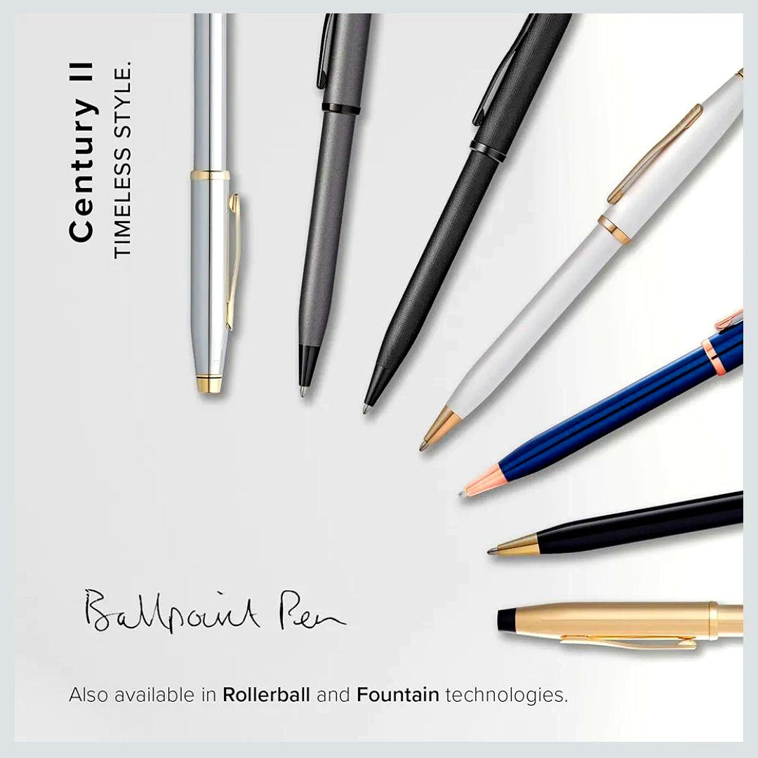 Cross Century II Pearl White Lacquer ballpoint pen with centered ring displayed in premium gift box