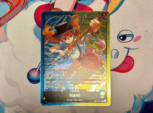 One Piece Nami Leader Parallel English Version Card OP11-041 showing detailed artwork and protective sleeves