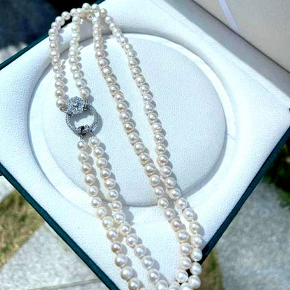 Double layer genuine freshwater pearl necklace 95cm long with 7-8mm white pearls and thick luster