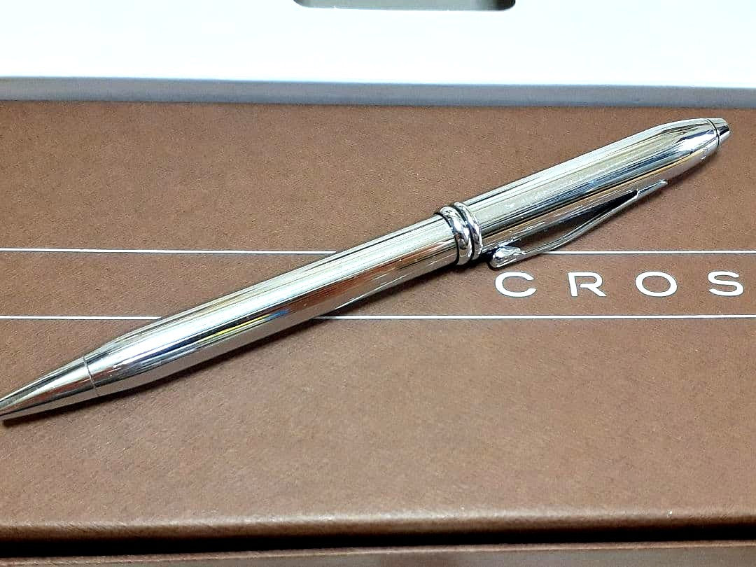 Silver CROSS ballpoint pen body with glossy finish and engraved name imported from Japan