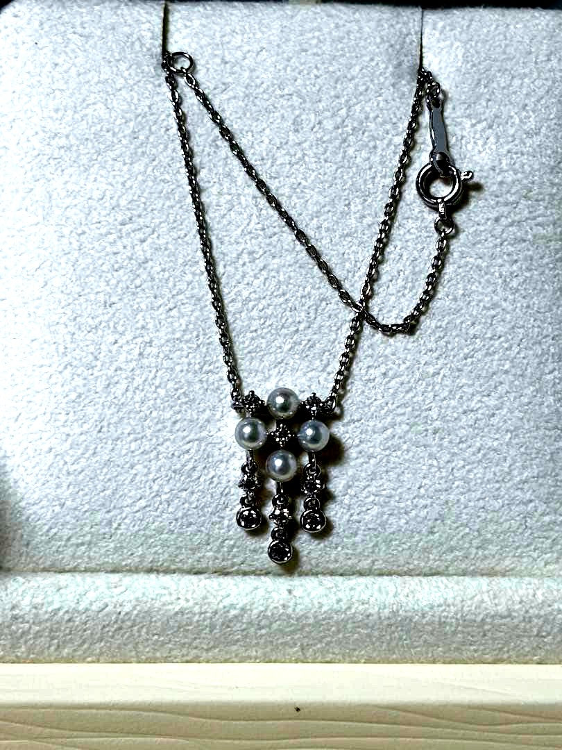 Mikimoto Akoya pearl diamond necklace in K18 gold with 50cm length and adjustable clasp displayed on white background