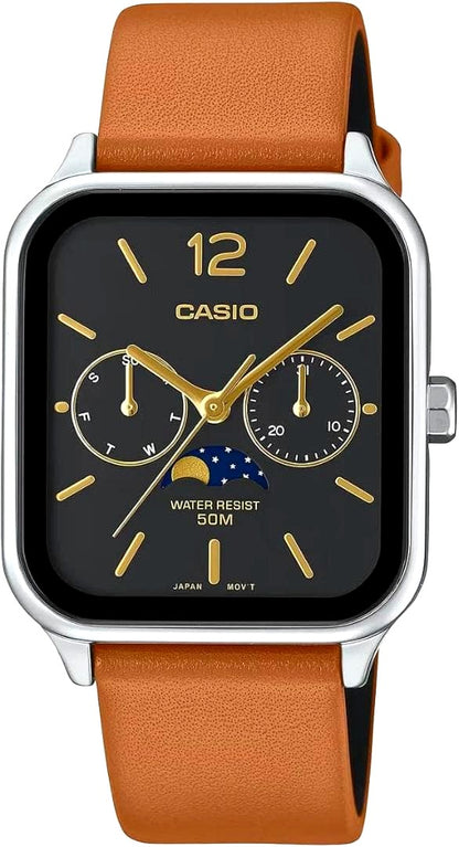 Casio Standard Moon Phase men's watch MTP-M305L-1AVDF with black dial and brown leather band