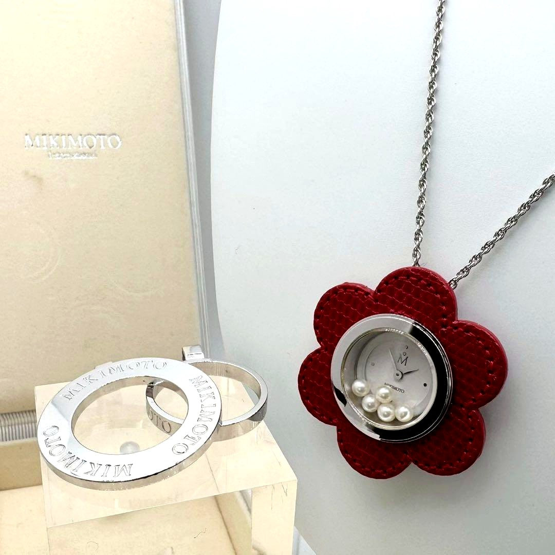 Mikimoto Pendant Watch Circle with 5 pearls, white dial, silver SV925 case, and quartz movement