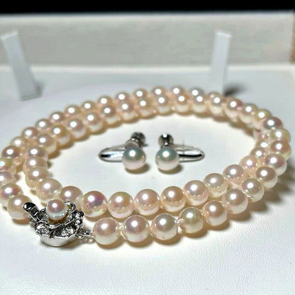 Akoya pearl necklace and earrings set with round 6.0-6.5mm pearls on silver material