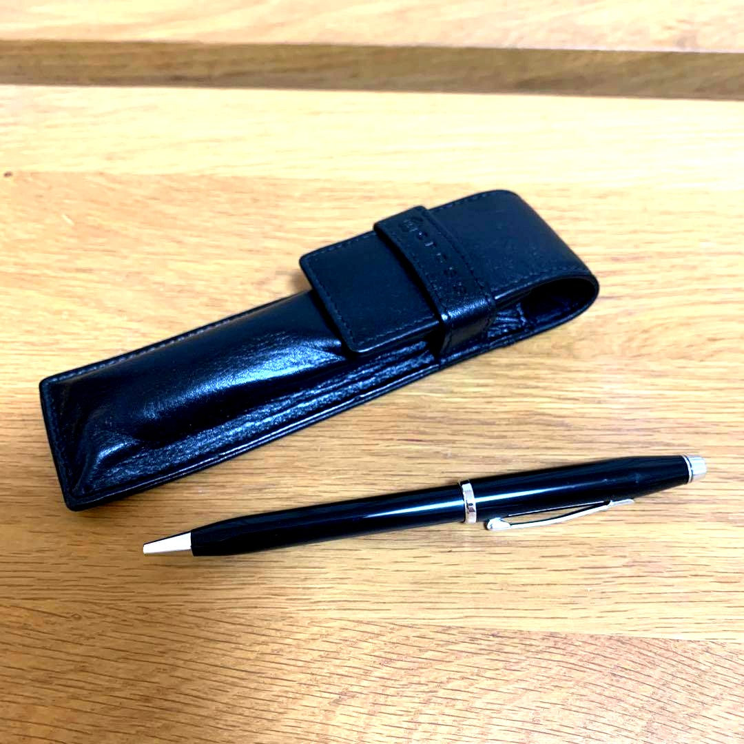 Cross black ballpoint pen with matching pen case featuring two compartments for two pens